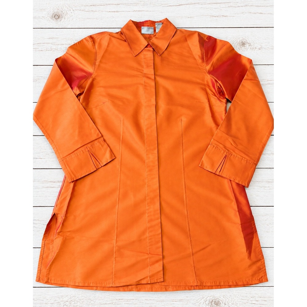 Chico's 100% Silk Button Down Tunic Shirt Orange Iridescent Long Sleeve Size 0